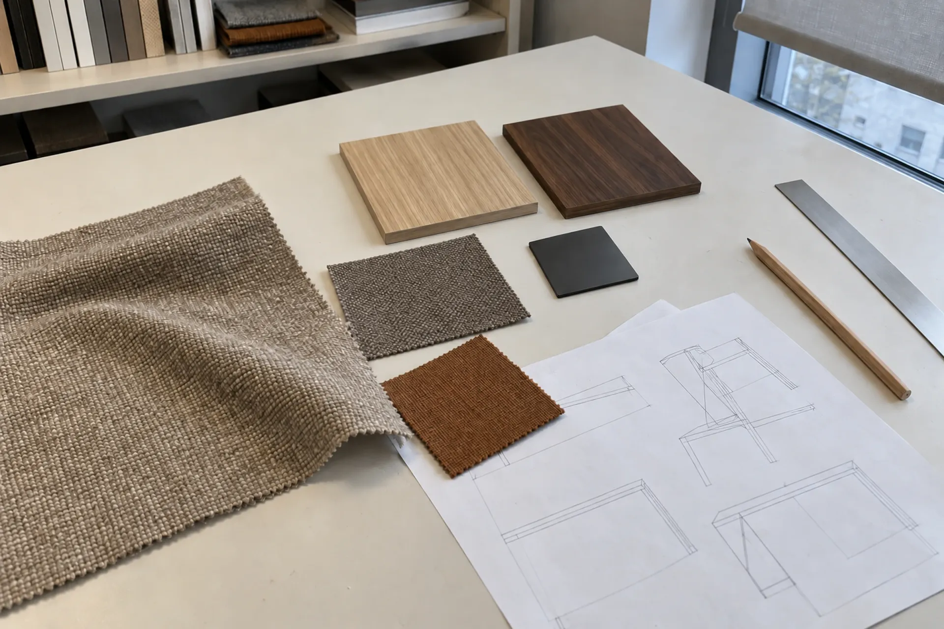 Fabric swatches and finish samples laid out beside furniture sketches