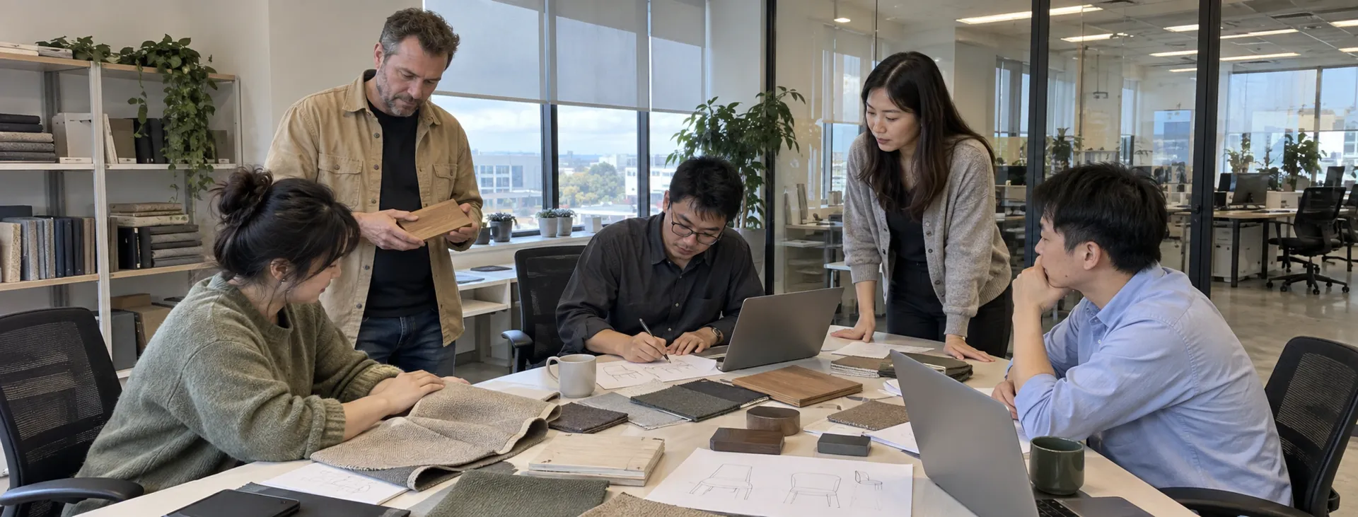 The CasaViva team reviewing fabric swatches and drawings around a large table