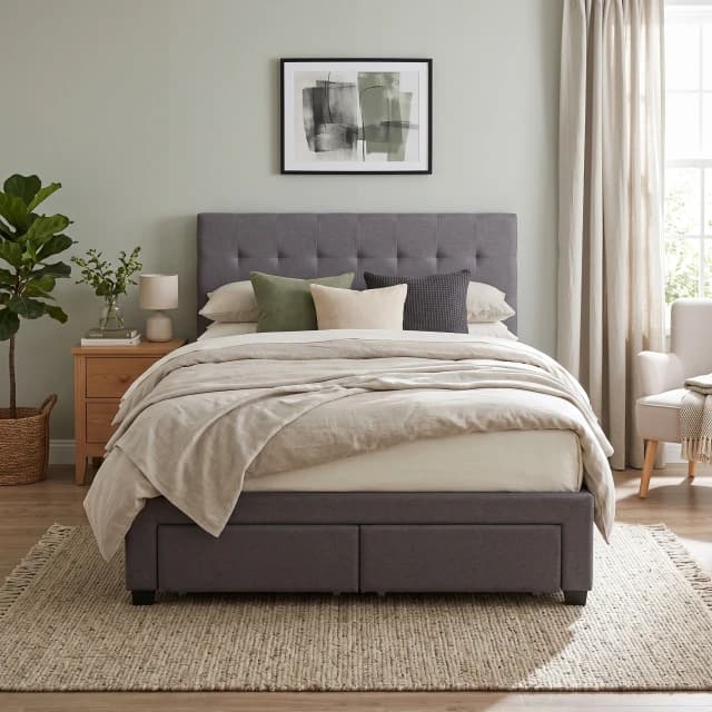 Upholstered Tufted Storage Drawers Bed