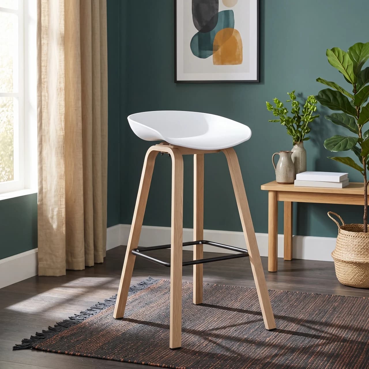 Black Plastic Bucket Seat Counter Stool Natural Wood Legs — view 1 of 2