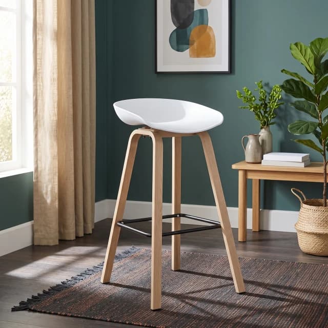 Black Plastic Bucket Seat Counter Stool Natural Wood Legs