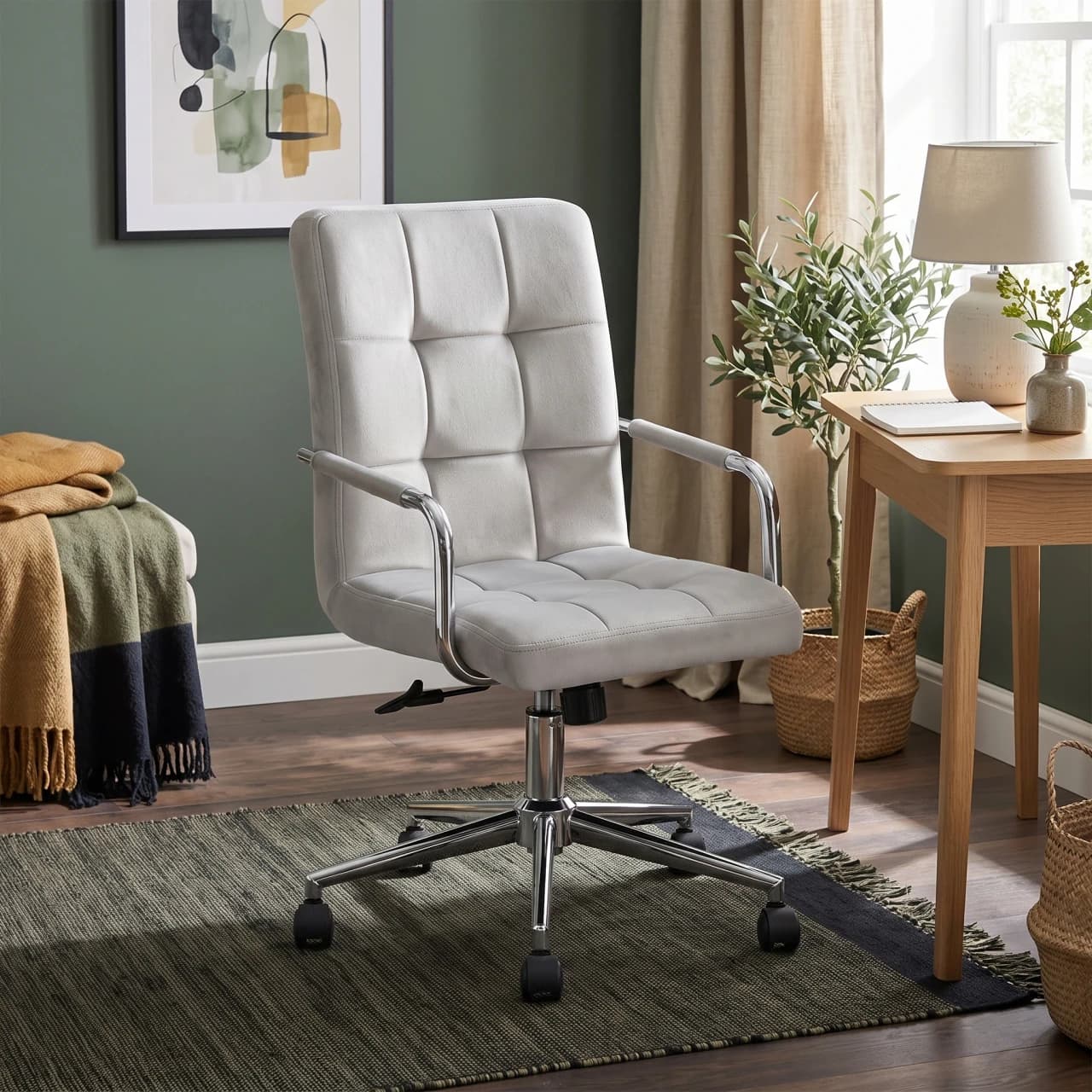 Quilted Velvet Office Chair Silver Chrome Base Adjustable — view 1 of 6