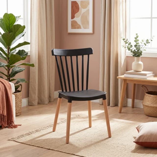 Black Plastic Spindle Chair Natural Wood Legs