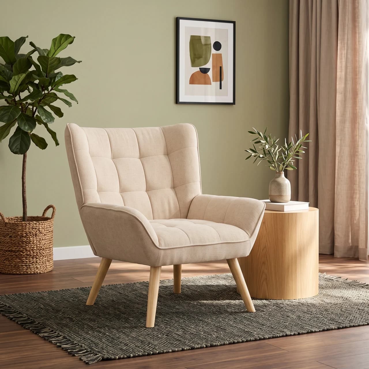 Grid-Tufted Velvet Slipper Chair, Wood Legs — view 1 of 6