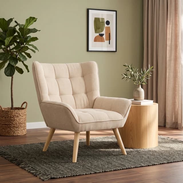 Grid-Tufted Velvet Slipper Chair, Wood Legs