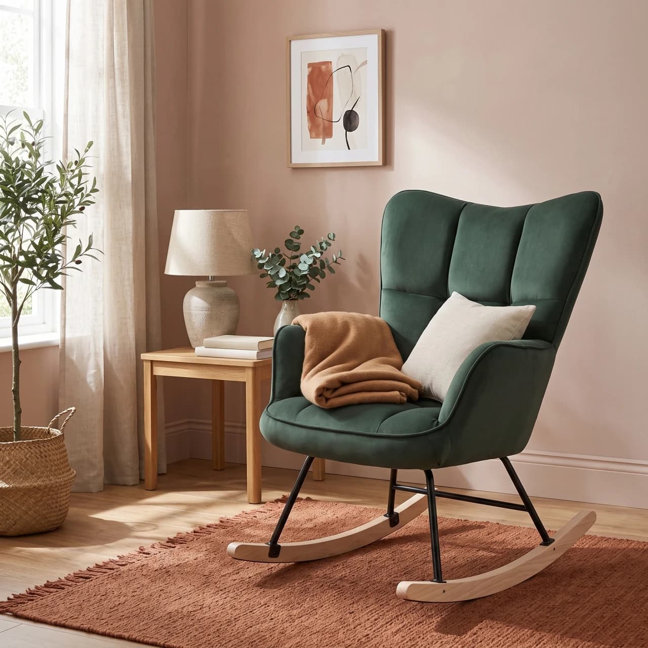 Wooden Frame Upholstered Rocking Armchair Natural — view 1 of 4