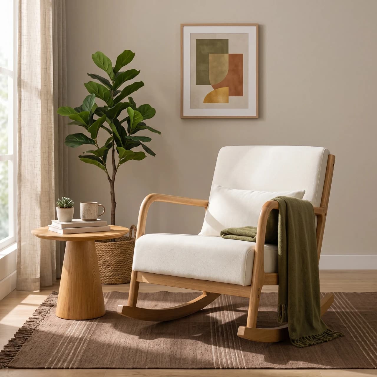 Solid Rubber Wood Rocking Armchair Cream Linen — view 1 of 4