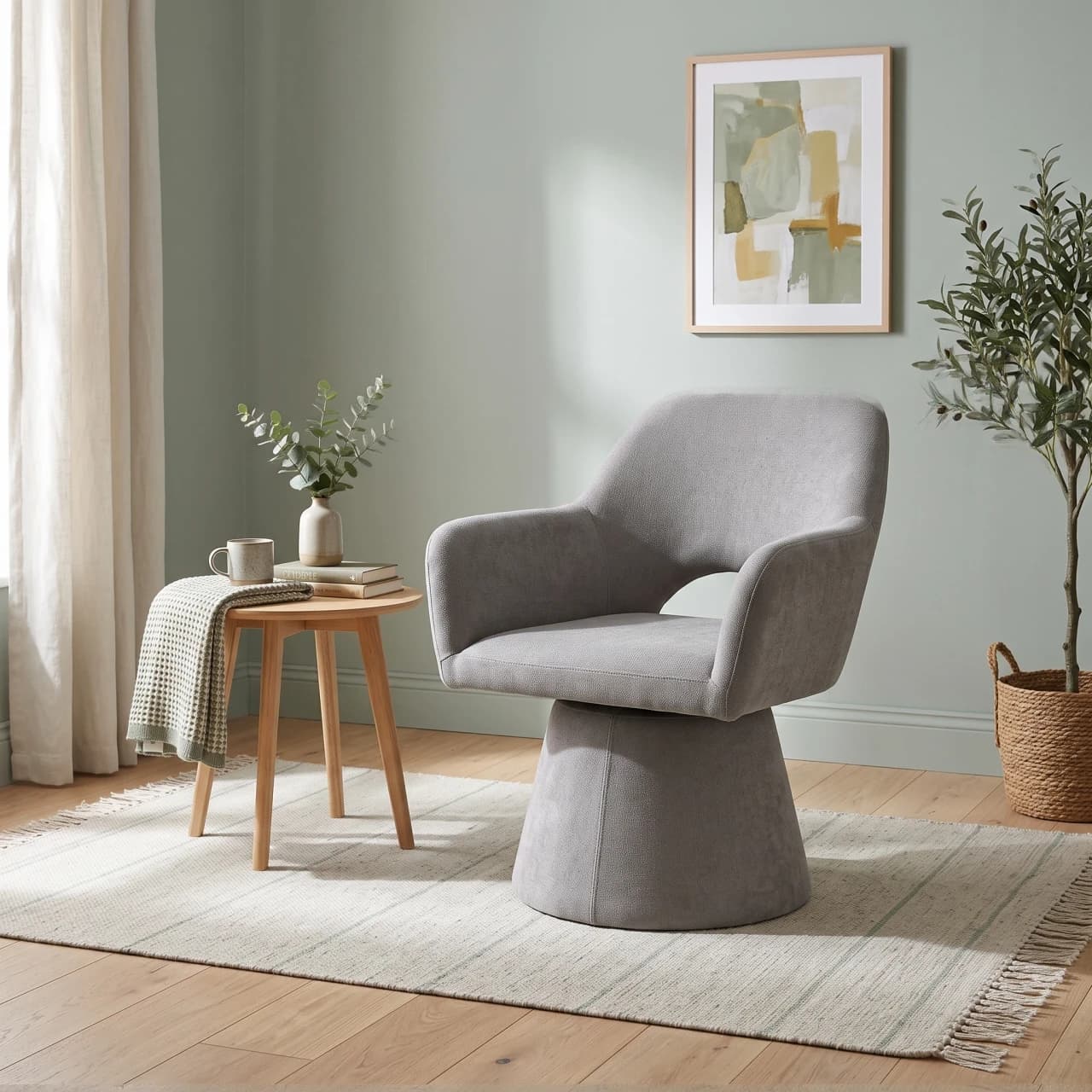 Curved-Arm Swivel Armchair, Upholstered Base — view 1 of 8