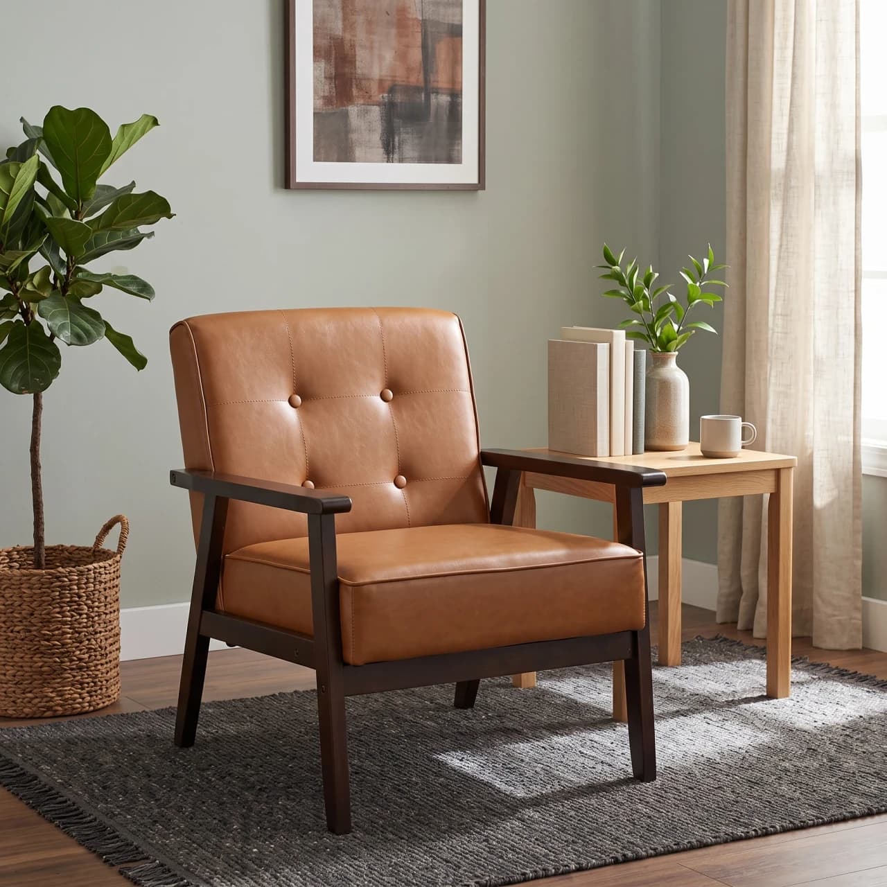 Tufted Leatherette Armchair Rubber Wood Armchair — view 1 of 5