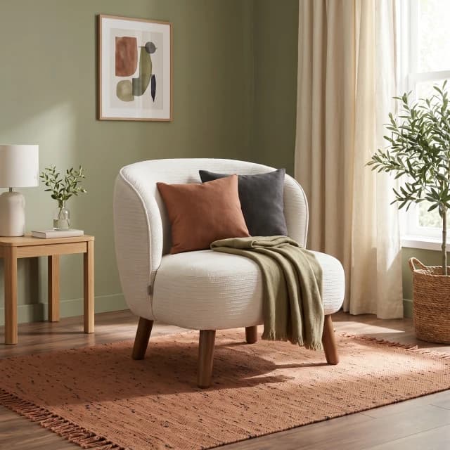 Curved Barrel Armchair Wood Legs Ivory