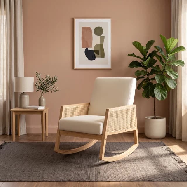 Rubber Wood Cane Rocking Armchair Cream Cushion