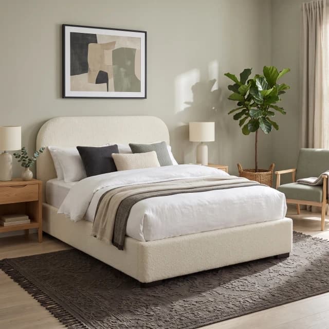Cream Upholstered Gas-Lift Storage Platform Bed