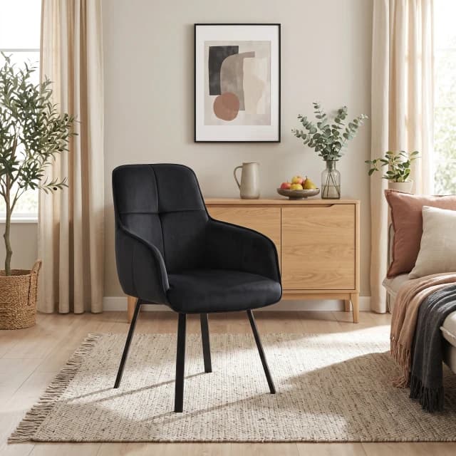 Linen Upholstered Swivel Dining Armchair Black