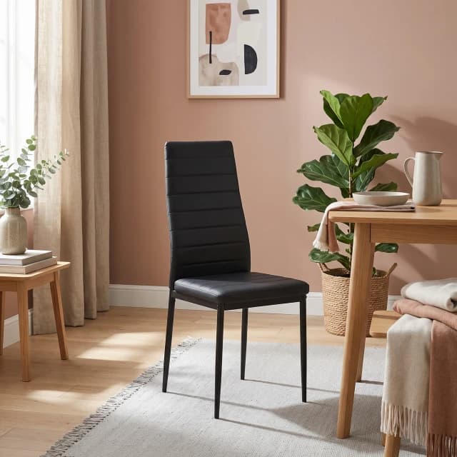 Channel-Tufted Black PU Dining Chair Metal Leg