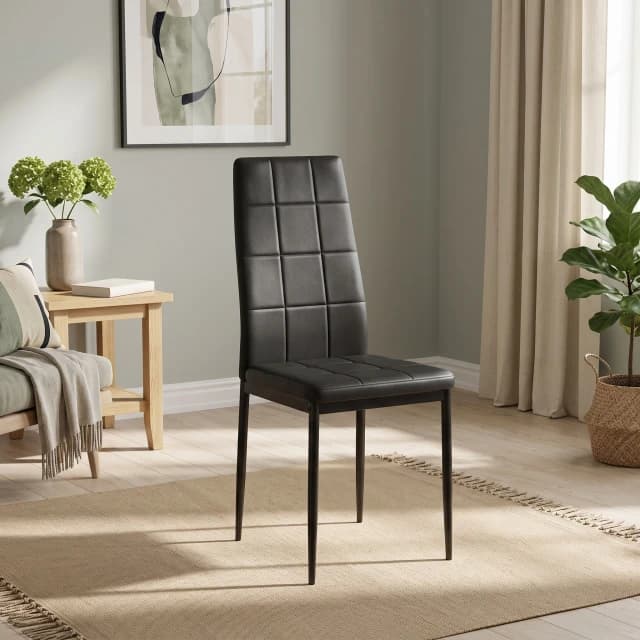 Black Faux Leather Grid-Tufted Dining Chair Metal Legs