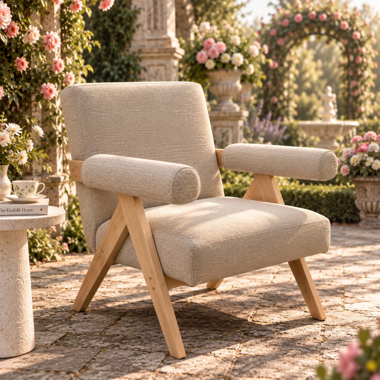 Mid-Century Upholstered Rubber Wood Armchair — view 1 of 5