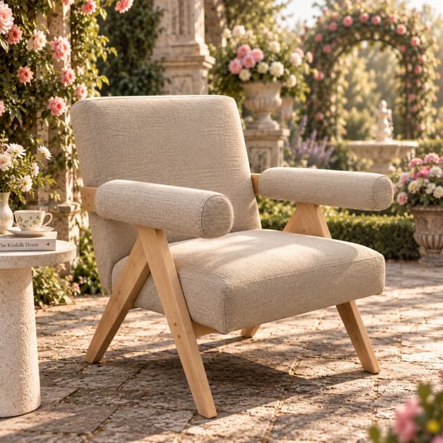 Mid-Century Upholstered Rubber Wood Armchair