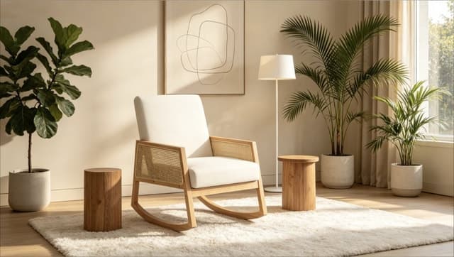Rubber Wood Cane Rocking Armchair Cream Cushion — Living Room