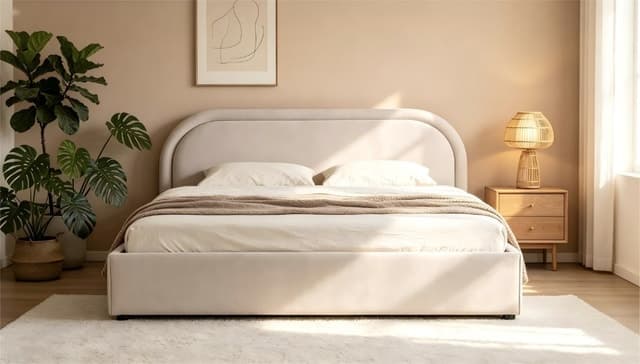 Gas-Lift Storage Platform Bed Cream Upholstered