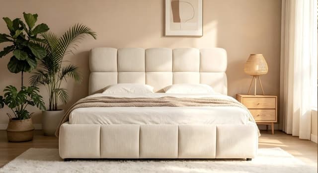 Gas-Lift Storage Platform Bed Cream Quilted
