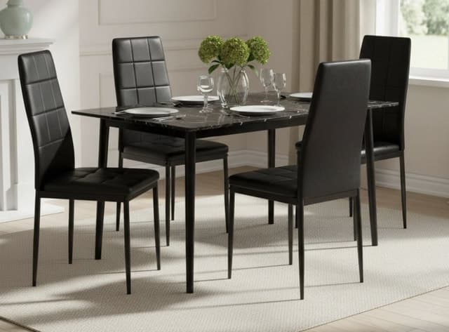 Black Faux Leather Grid-Tufted Dining Chair Metal Legs — Dining Room