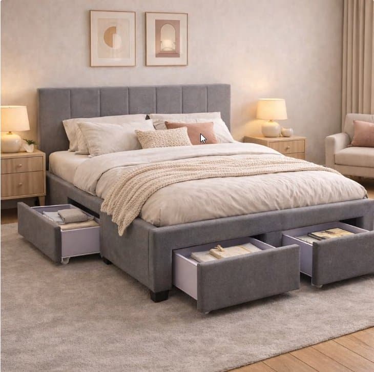 Upholstered Channel Tufted Storage Drawers Bed — Bedroom